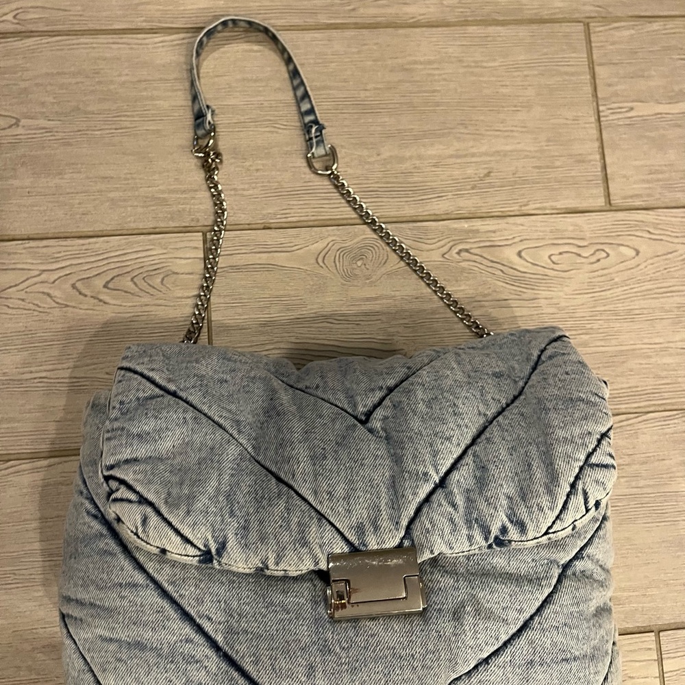 Light Blue Quilted Denim Shoulder Bag with Silver Clasp
